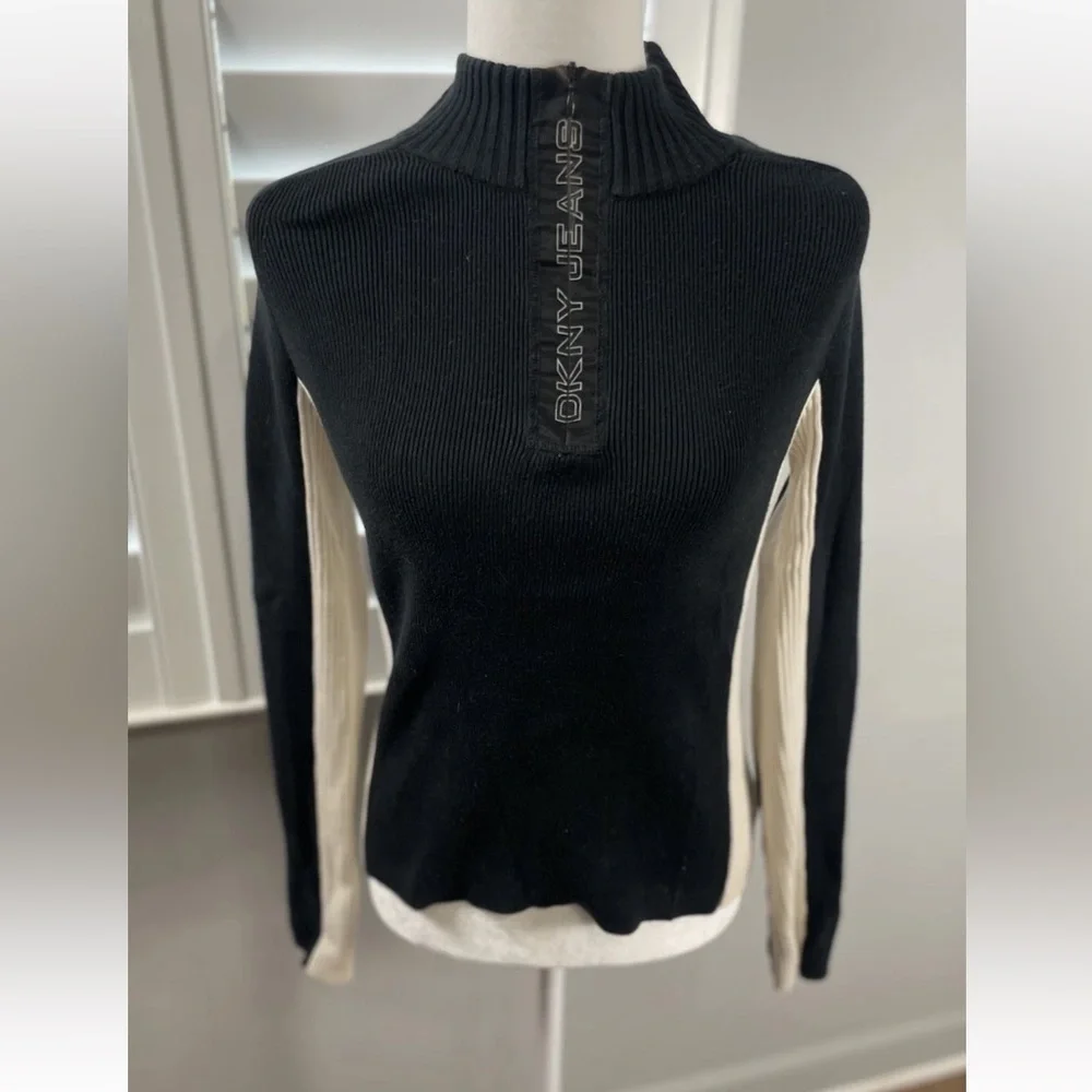 90s DKNY active fitted 2 tone quarter zip pullover sweater black‎ ivory Ribbed M